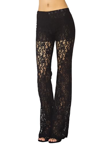 iB-iP Damen Spitze Hose Schlank Breitbein Schlaghose Tieferbundhose Bootcut-Hose, Größe: 40, Schwarz von iB-iP