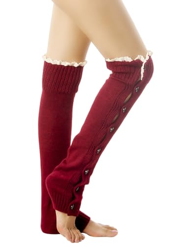 iB-iP Damen Stulpen Spitze Beinstulpen Knopf Stulpensocken Damen Stulpen Warmer, Größe: Einheitsgröße, Burgund von iB-iP