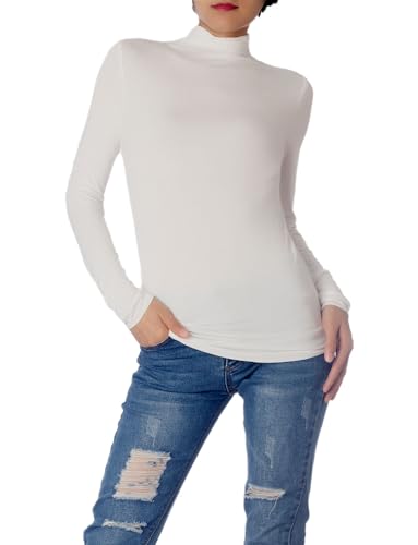 iB-iP Damen Tops Rollkragen Slim Fit Langarm Gemütlich Smart Silky Henley, Größe: 38, Weiß von iB-iP