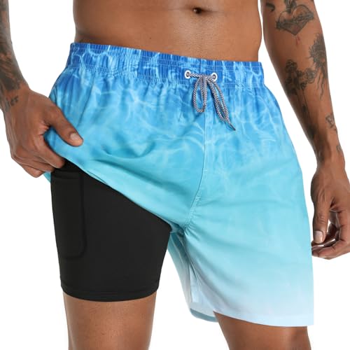 iCKER Badehose Herren Kompression Liner 2 in 1 Badeshorts Board Shorts Schnelltrocknend Strand Beach Shorts,Blau 1#,XL von iCKER