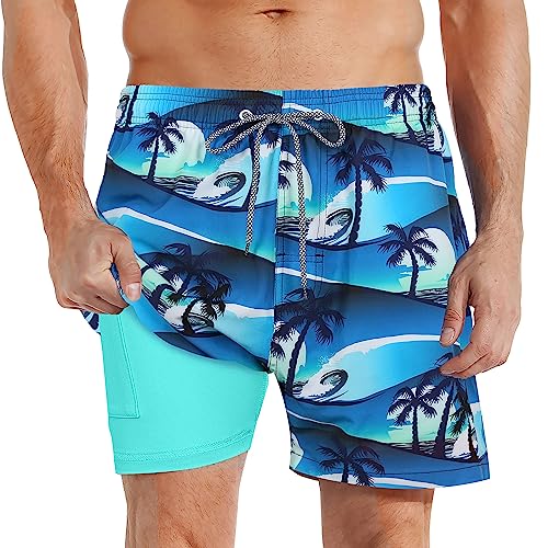 iCKER Badehose Herren Kompression Liner 2 in 1 Badeshorts Board Shorts Schnelltrocknend Strand Beach Shorts,Blau STK211,M von iCKER