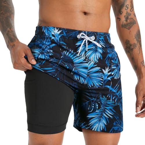 iCKER Badehose Herren Kompression Liner 2 in 1 Badeshorts Board Shorts Schnelltrocknend Strand Beach Shorts,Blau STK301,L von iCKER