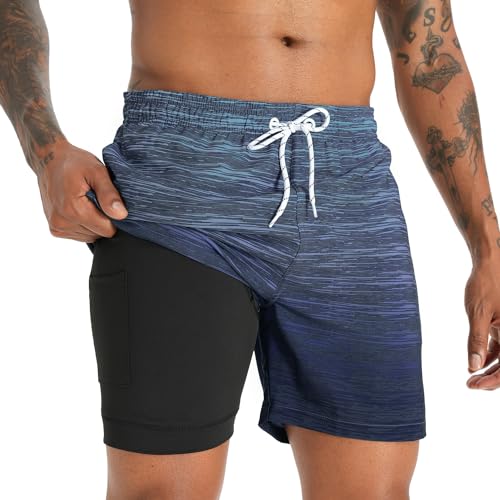 iCKER Badehose Herren Kompression Liner 2 in 1 Badeshorts Board Shorts Schnelltrocknend Strand Beach Shorts,Blau STK321,3XL von iCKER