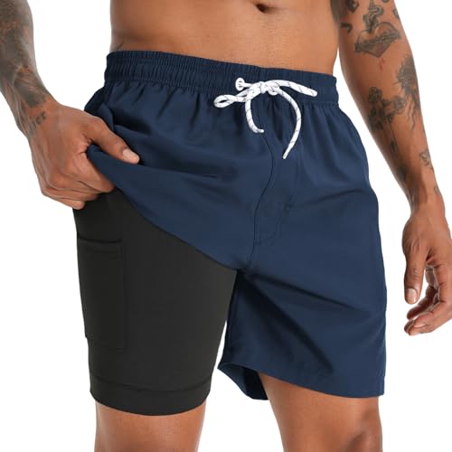 iCKER Badehose Herren Kompression Liner 2 in 1 Badeshorts Board Shorts Schnelltrocknend Strand Beach Shorts,Blau STK390,M von iCKER