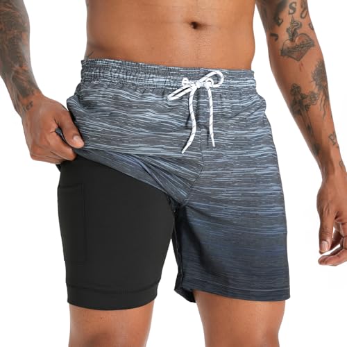 iCKER Badehose Herren Kompression Liner 2 in 1 Badeshorts Board Shorts Schnelltrocknend Strand Beach Shorts,Grau STK270,S von iCKER