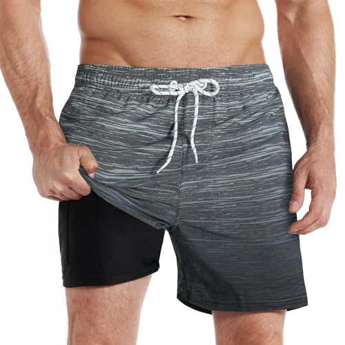 iCKER Badehose Herren Kompression Liner 2 in 1 Badeshorts Board Shorts Schnelltrocknend Strand Beach Shorts,Grau STK270,XL von iCKER