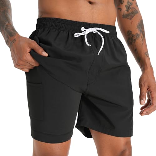 iCKER Badehose Herren Kompression Liner 2 in 1 Badeshorts Board Shorts Schnelltrocknend Strand Beach Shorts,Schwarz STK199,L von iCKER
