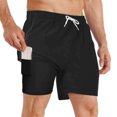 iCKER Badehose Herren Kompression Liner 2 in 1 Badeshorts Board Shorts Schnelltrocknend Strand Beach Shorts,Schwarz STK199,M von iCKER