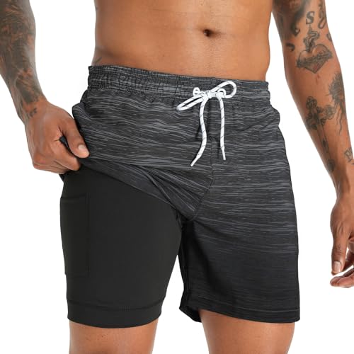 iCKER Badehose Herren Kompression Liner 2 in 1 Badeshorts Board Shorts Schnelltrocknend Strand Beach Shorts,Schwarz STK320,M von iCKER