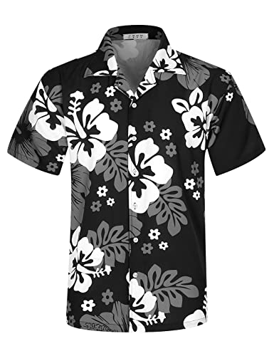 iCKER Hawaiihemd Herren Strandhemd Kurzarmhemd 3D-Gedrucktes Hemd Freizeithemd Sommerhemd Normale Passform, Black Flowers, L von iCKER