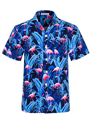 iCKER Hawaiihemd Herren Strandhemd Kurzarmhemd 3D-Gedrucktes Hemd Freizeithemd Sommerhemd Normale Passform, Blau Flamingo, 3XL von iCKER