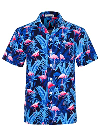 iCKER Hawaiihemd Herren Strandhemd Kurzarmhemd 3D-Gedrucktes Hemd Freizeithemd Sommerhemd Normale Passform, Blau Flamingo, S von iCKER