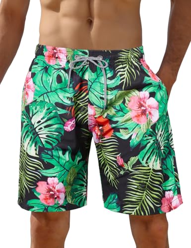 iCKER Herren Shorts Badehose Badeshorts Strand Shorts Beach Shorts Board Shorts Schnelltrocknend für Sommer,Schwarz-Blatt,XXL von iCKER