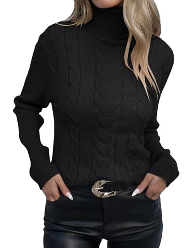 iChunhua Basic Plain Slim Fit Zopfstrick-Rollkragenpullover mit seitlichem Schlitz, Schwarz , S von iChunhua
