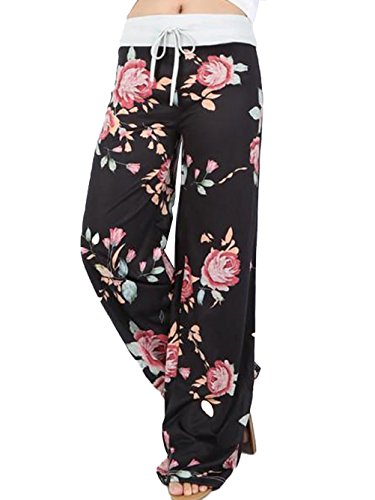iChunhua Bequeme Damen-Loungehose mit Stretch, Blumendruck, Kordelzug, Palazzo, weites Bein, schwarz 2, Groß von iChunhua