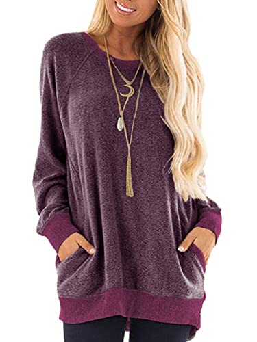 iChunhua Casual Damen Langarm Rundhals T-Shirt Sweatshirt Tops mit Taschen S-XXL, violett, 48 von iChunhua