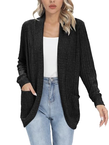 iChunhua Damen Casual Leichte Langarm Open Front Cardigans Rippstrick Cardigan Sweater Mäntel Oberbekleidung mit Taschen, Schwarz , M von iChunhua