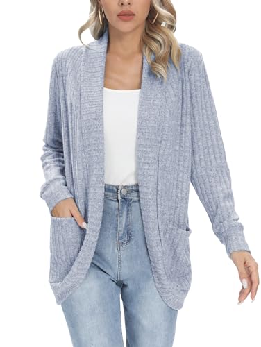 iChunhua Damen Casual Leichte Langarm Open Front Cardigans Rippstrick Cardigan Sweater Mäntel Oberbekleidung mit Taschen, blau, XX-Large von iChunhua