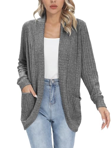 iChunhua Damen Casual Leichte Langarm Open Front Cardigans Rippstrick Cardigan Sweater Mäntel Oberbekleidung mit Taschen, dunkelgrau, S von iChunhua