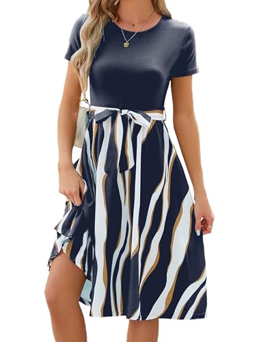 iChunhua Damen Casual Sommerkleider Kurzarm Rundhals Strand Urlaub Kleid Midi Sommerkleid mit Gürtel, marineblau, L von iChunhua