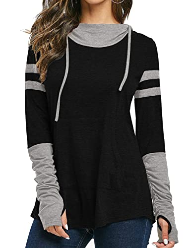 iChunhua Damen-Kapuzenpullover mit Daumenlöchern, langärmelig, T-Shirt, Kordelzug, Tops mit Taschen, Größe S-XXL, Schwarz , 36 von iChunhua