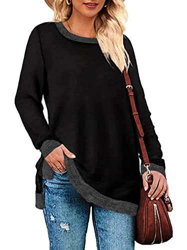 iChunhua Damen Langarm Rundhalsausschnitt Sweatshirts Farbblock Tunika Pullover Tops Side Split, Schwarz , X-Large von iChunhua