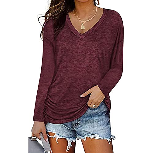 iChunhua Damen Langarm Tops Einfarbig Casual V Ausschnitt T-Shirts mit Seitliche Raffung, burgunderfarben, M von iChunhua