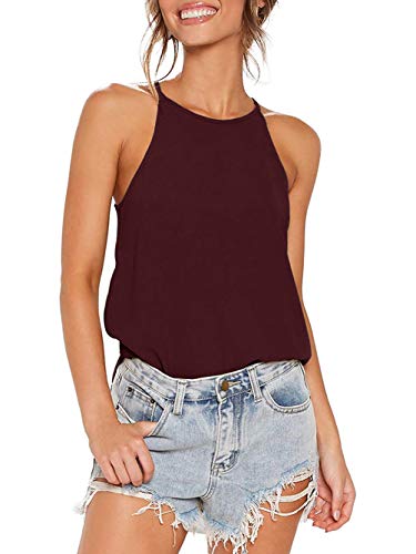 iChunhua Damen Neckholder Weste Tops Baumwolle Sommer Ärmellos Einfarbig T-Shirt Cami Tops S-XL Gr. M, weinrot von iChunhua