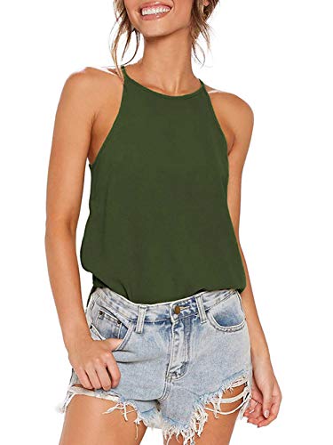 iChunhua Damen Neckholder Weste Tops Baumwolle Sommer Ärmellos Einfarbig T-Shirt Cami Tops S-XL Gr. Small, olivgrün von iChunhua