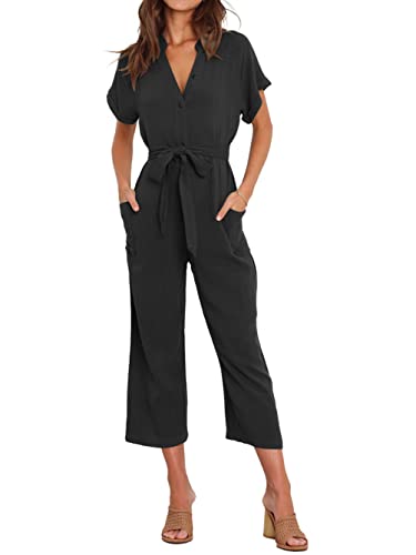 iChunhua Damen Sommer Baumwolle Leinen Kurzarm V Ausschnitt Casual Jumpsuits mit Taschen Gürtelknöpfe, Schwarz , 46 von iChunhua