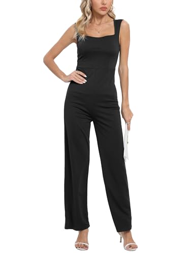 iChunhua Damen Sommer-Jumpsuit, quadratischer Ausschnitt, ärmellos, Reißverschluss, weites Bein, volle Länge, lässig, Streetwear, Schwarz , 42 von iChunhua