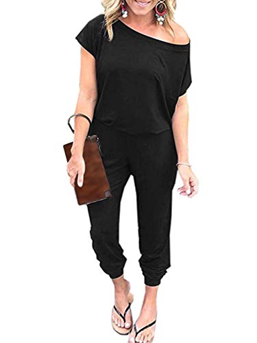 iChunhua Damen Sommer Off One Shoulder Jumpsuit mit Taschen, Schwarz , 36 von iChunhua