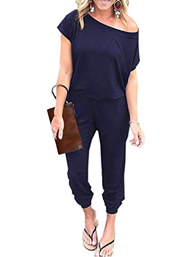 iChunhua Damen Sommer Off One Shoulder Jumpsuit mit Taschen, blau, 36 von iChunhua