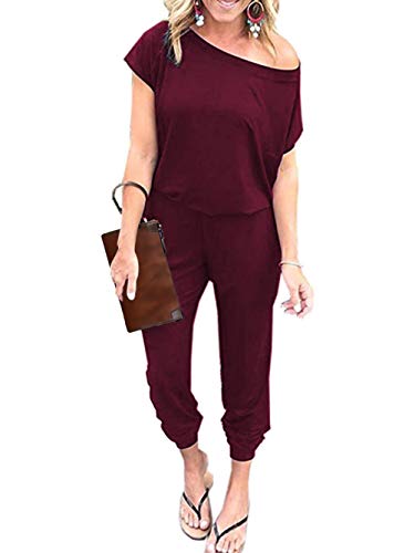 iChunhua Damen Sommer Off One Shoulder Jumpsuit mit Taschen, burgunderfarben, 36 von iChunhua