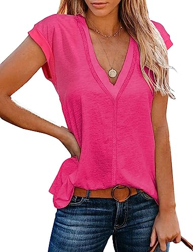 iChunhua Damen-Sommer-Top, V-Ausschnitt, Flügelärmel, Westen, lässig, einfarbig, Basic T-Shirt, hot pink, XXL von iChunhua