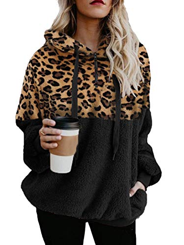 iChunhua Damen-Sweatshirt, Leopardenmuster, Fleece, Sherpa-Kapuzenpullover Gr. 42, Schwarz Leopard von iChunhua