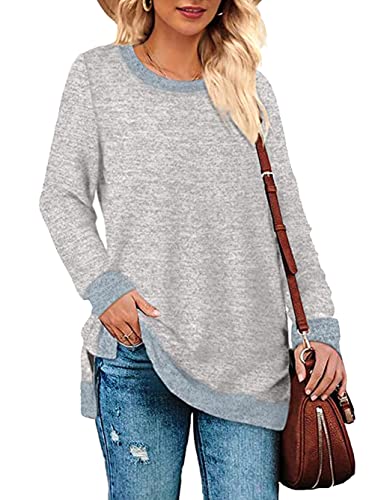 iChunhua Damen-Sweatshirt, langärmelig, Rundhalsausschnitt, Farbblock, Tunika, Pullover, Tops, Seitenschlitz, grau, L von iChunhua