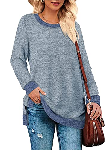 iChunhua Damen-Sweatshirt, langärmelig, Rundhalsausschnitt, Farbblock, Tunika, Pullover, Tops, Seitenschlitz, hellblau, 42 von iChunhua