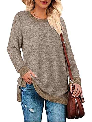 iChunhua Damen-Sweatshirt, langärmelig, Rundhalsausschnitt, Tunika, Seitenschlitz, khaki, 46 von iChunhua