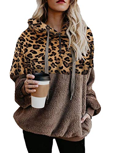 iChunhua Damen-Sweatshirt mit Leopardenmuster, Fleece, Sherpa-Kapuzenpullover, flauschiger Pullover, Khaki Leopard, 42 von iChunhua