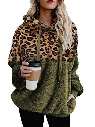 iChunhua Damen-Sweatshirt mit Leopardenmuster, Fleece, Sherpa-Kapuzenpullover, flauschiger Pullover, Olivgrüner Leopard, 38 von iChunhua