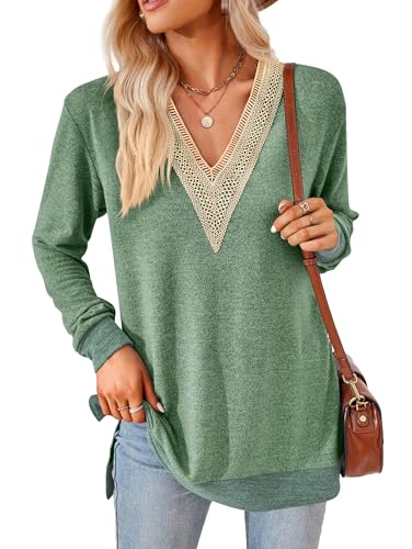 iChunhua Damen-Pullover mit V-Ausschnitt, Spitzenbesatz, leicht, weich, Farbkontraste und Seitenschlitze, lockere Passform, Tunika-Oberteil, grasgrün, XXL von iChunhua