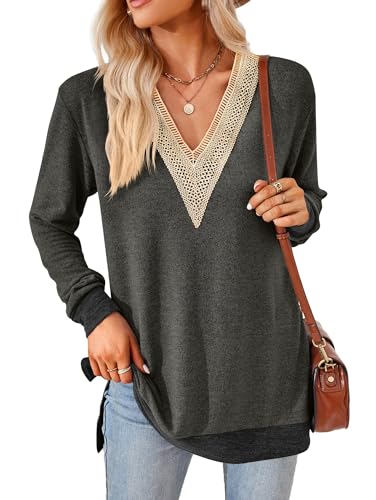 iChunhua Frauen Casual V-Ausschnitt Spitzenbesatz Langarm Tops Dünner Pullover, #1 Dark Grey, L von iChunhua