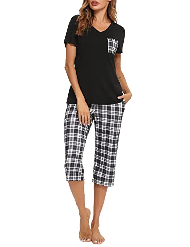 iClosam Damen Karierte Pyjama Set Schlafanzug Baumwolle Zweiteilige Nachtwäsche Hausanzug Sleepwear, Kurzärmel Shirt + 3/4 Hose von iClosam