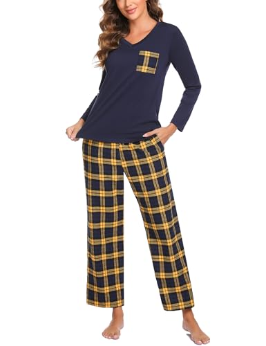 iClosam Schlafanzug Damen Lang Pyjama Set Winter Baumwolle V-Ausschnitt Zweiteiliger Nachtwäsche Langarm Sleepwear und Karierte Pyjamahose Loungewear Freizeitanzug von iClosam