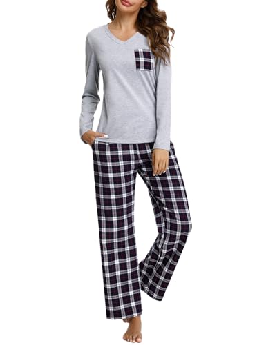 iClosam Schlafanzug Damen Lang Pyjama Set Winter Baumwolle V-Ausschnitt Zweiteiliger Nachtwäsche Langarm Sleepwear und Karierte Pyjamahose Loungewear Freizeitanzug von iClosam