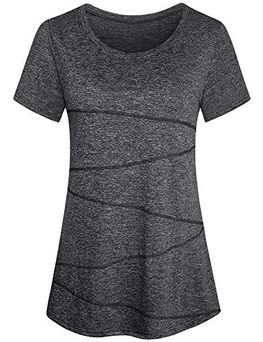 iClosam Damen Sport T-Shirt Running Fitness Laufshirt Kleidung Yoga Top Funktionsshirt Sportshirt Kurzarm Atmungsaktiv (Dunkelgrau, S) von iClosam