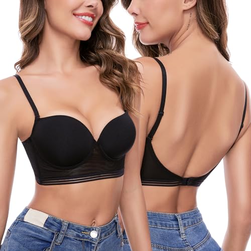 iClosam BH Rückenfrei Damen Push Up Rückenfreier BHS mit Bügel Bralette mit Niedrigem Rücken für Frauen Bra Spitzen V-Ausschnitt BHS U-förmiger Rücken Unterwäsche Abnehmbar Träger von iClosam