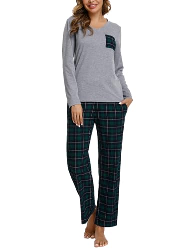 iClosam Baumwolle Schlafanzug für Damen Pyjamas Lang mit Taschen Nachtwäsche Langarm Sleepwear und Karierte Pyjamahose Hausanzug Freizeitanzug Loungewear für Winter von iClosam