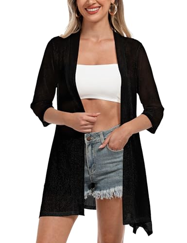 iClosam Damen Casual 3/4 Ärmel Sheer Open Front Cardigan Sweater Kimono, A-Schwarz, Groß von iClosam